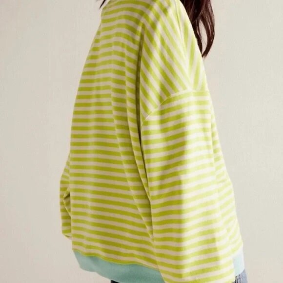 NWOT Free People Classic Stripe Crewneck Sweatshirt Lime Combo- size MEDIUM - Picture 2 of 6